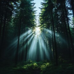 Obraz premium Sunlight streaming through tall trees enchanted forest nature photography serene environment low angle view tranquil concept
