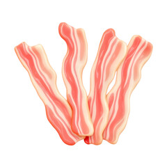 A close up view of four strips of raw bacon with visible fat marbling isolated on a black background isolated with white background