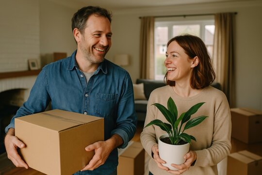 Happy couple moving home together.