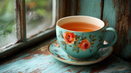 Cup of tea beside a textured window, cozy scene
