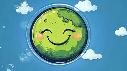 Smiling earth animation through cloudy skies with playful expressions and vibrant colors - Powered by Adobe