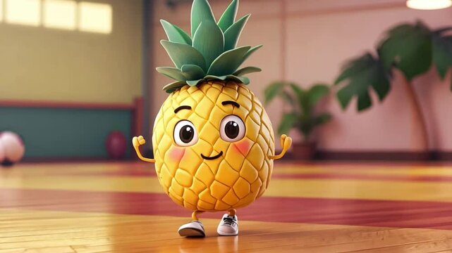 Animated pineapple dancing in colorful gym creating joyful atmosphere