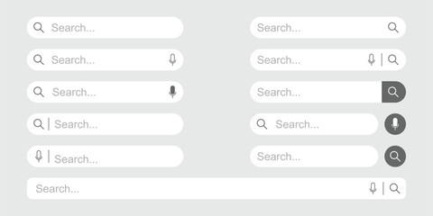 Modern Search Bar UI Set &ndash; Voice Search and Magnifying Glass Icon Collection for Web and Mobile Interface, Minimalist Search Field Templates, Flat Design, Light and Dark Mode Elements for App Design