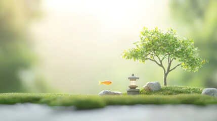 Serene miniature zen garden scene, goldfish, stone lantern, bonsai tree, and lush green moss.  Concept of peace, tranquility, mindfulness, and nature.