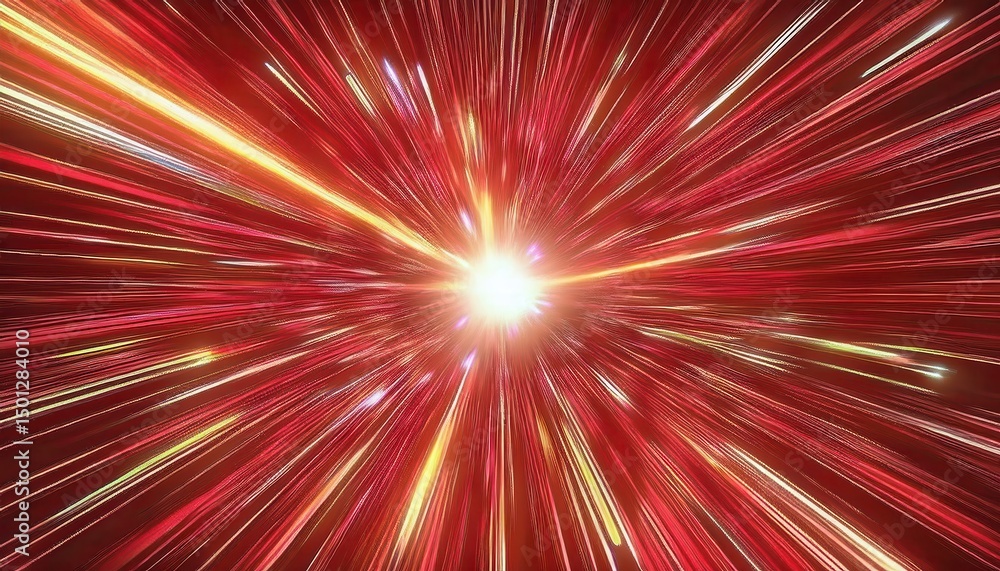 Poster radiant cosmic burst of red and yellow light rays with motion blur effect for dynamic background, we