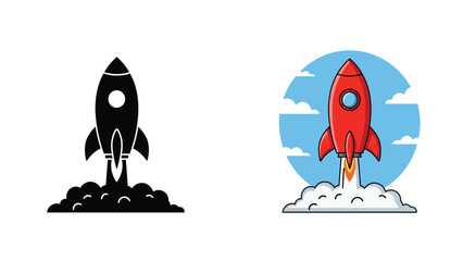 Two stylized rocketships, one black and one red, launching into space.