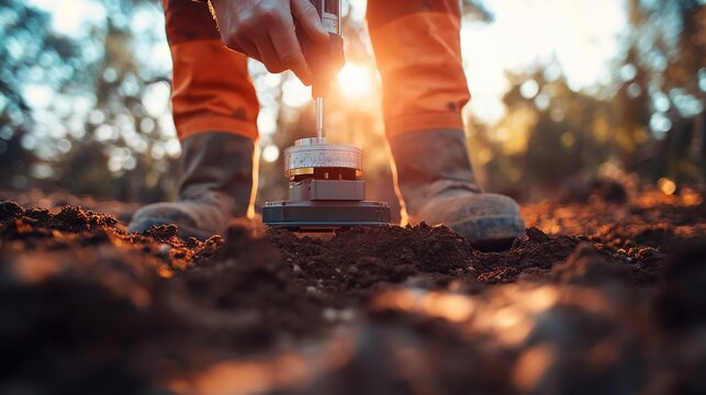 Close-up of environmental scientist taking soil sample in field at sunset