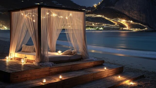 Romantic draped canopy bed on a beachfront deck, lit with lanterns at night