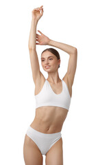 Fototapeta premium Beautiful woman with perfect slim body on white background