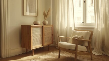 Serene and Cozy Living Room Interior Design: Wooden Cabinet, Armchair, Pampas Grass, and Window Light.