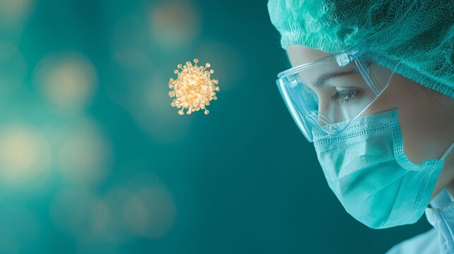Close up of a doctor wearing protective gear, researching a virus.  Concept of healthcare, science, pandemic, and medical research.