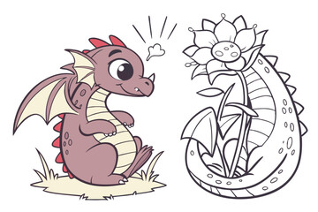 Coloring page of cartoon cute happy carton for design element. Vector illustration of funny sea animal on a white background. Сhildren's coloring book with color example