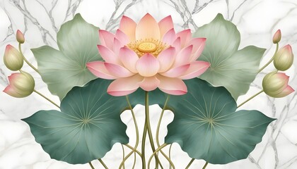 Fototapeta premium A digitally painted lotus flower with buds and leaves on a marble background in pastel shades