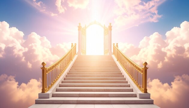 Heavenly open warm gates of clouds in heaven sky kingdom after life ending and possible ways of faith and religion to a higher power