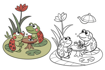 Coloring page of cartoon cute happy carton for design element. Vector illustration of funny sea animal on a white background. Сhildren's coloring book with color example