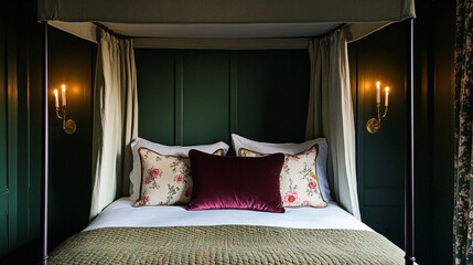 Refined English interiors with soft neutral tones, botanical art, fresh florals, classic panelled walls, and elegant furnishings for a feminine yet timeless home atmosphere
