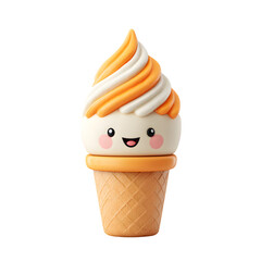 Happy sweet ice cream cartoon character in a waffle cone on transparent background. Cute emoji dessert for summer design.