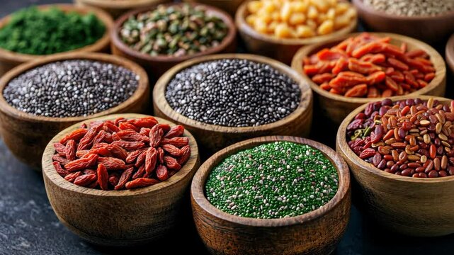 Collection of diverse spices and nuts in wooden bowls, used for seasoning and cooking various dishes.