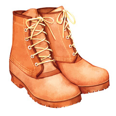 Watercolor Fall Leather Boot. Autumn Footwear Illustration. Seasonal fashion themes and lifestyle, cozy outdoor designs. 