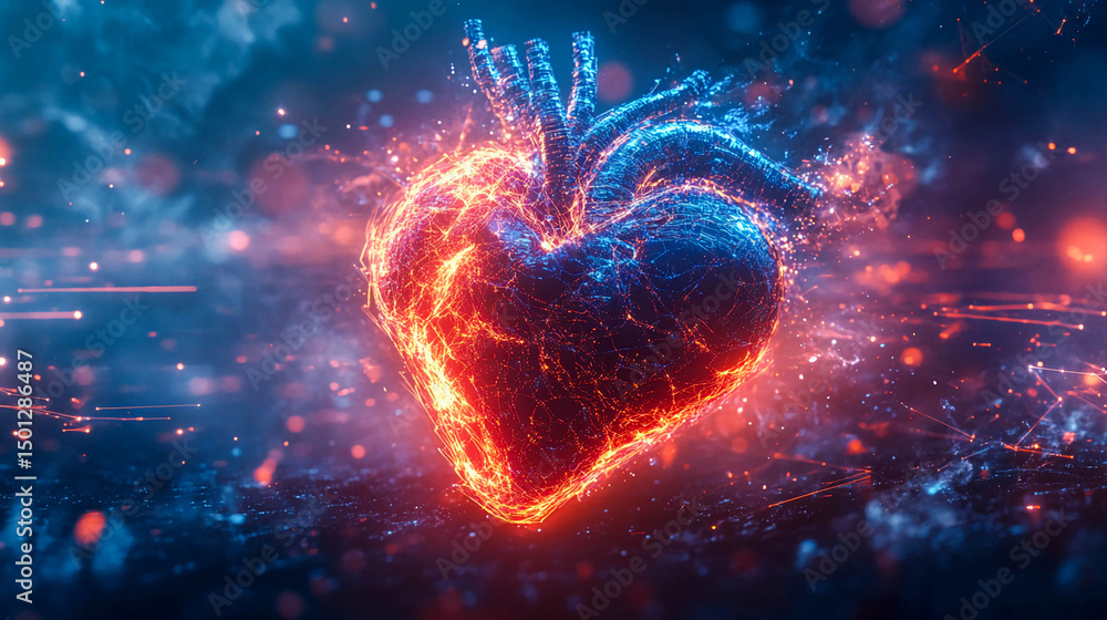 Poster a human heart made in the form of a complex digital design. the heart consists of a multitude of int