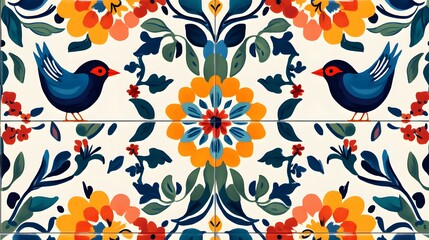 Andalusian tile pattern with birds and flowers in folk style