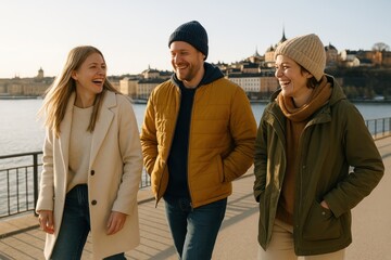 Friends walking by waterfront