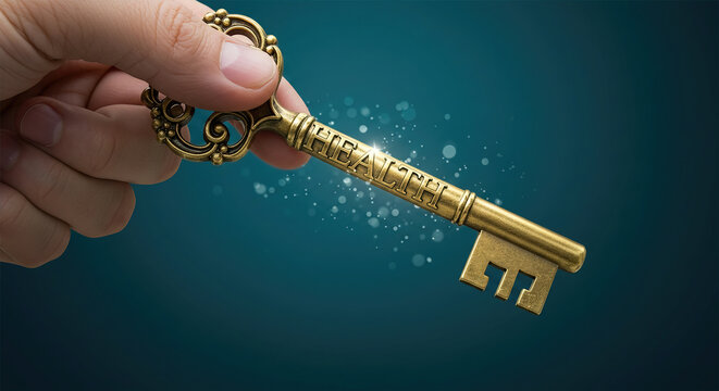 The key to your health is in your own hands. Hand holding a key in the dark background.