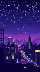 Fototapeta premium Pixel art cityscape at night with starry sky and traffic