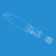 Mechanical engineering drawings. Tap tools, borer. Technical Design. Cover. Blueprint. Step Cutting Tool with Countersinking Function. Technical 3D Vector Illustration