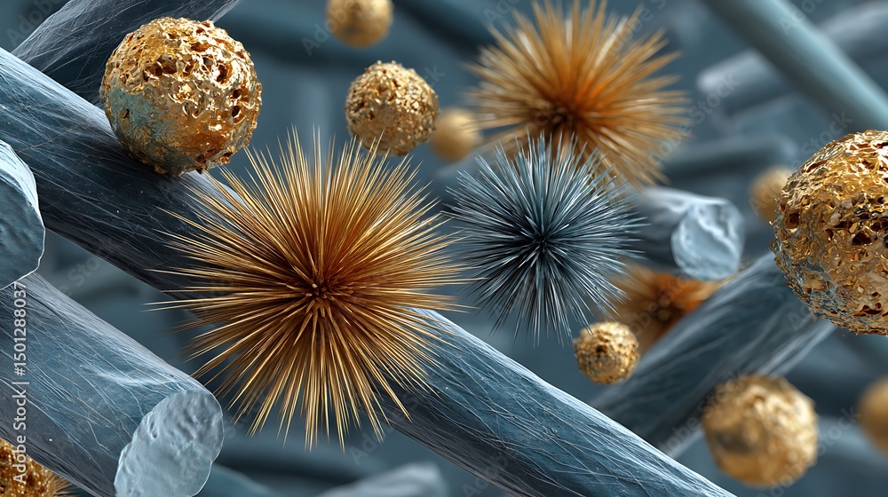 Poster abstract microscopic world: golden spheres and spiky forms intertwined with blue textured elements f