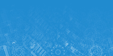 Mechanical engineering drawings on blue background. Cutting tools, milling cutter. Technical Design. Cover. Blueprint. Horizontal seamless pattern. Vector illustration.