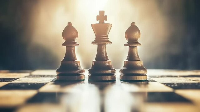 Chess pieces strategically positioned on a board, illuminated by dramatic lighting, evoking competition