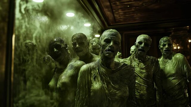 A group of zombies standing in front of a mirror