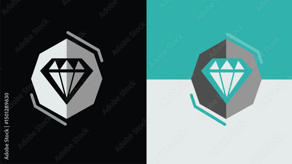 Poster geometric diamond logos with hexagonal frames and contrasting color palettes.