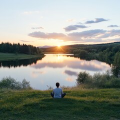 Meditative sunset reflection by the lake serene nature scene tranquil environment peaceful viewpoint mindfulness concept