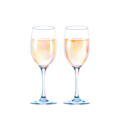 Fototapeta premium Two champagne flutes filled with a golden liquid standing side by side against a black background isolated with white background