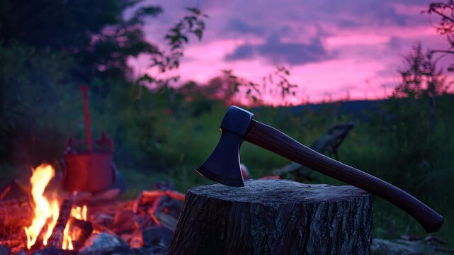 An axe rests on a tree stump near a campfire under a pink sky