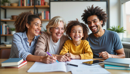 Happy multigenerational family learning together indoors
