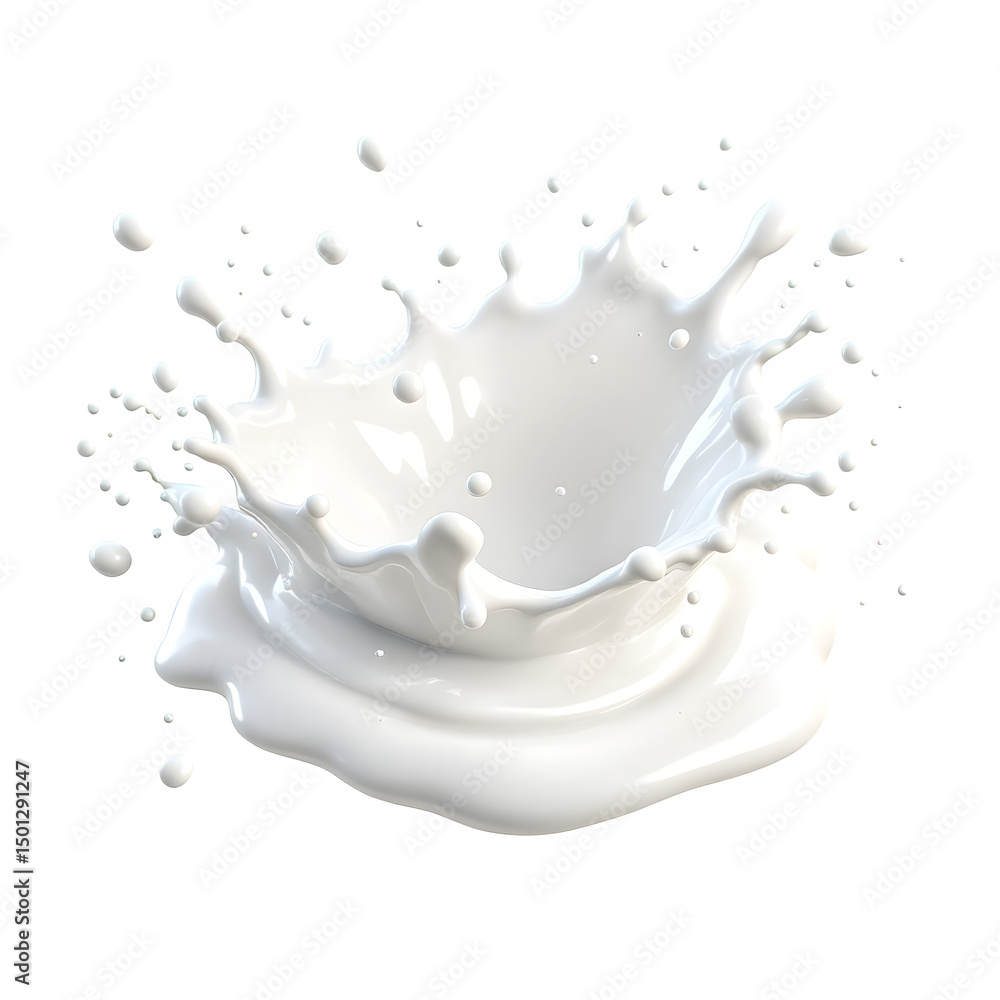 Poster a dynamic splash of white liquid with droplets against a stark black background in a studio shot iso