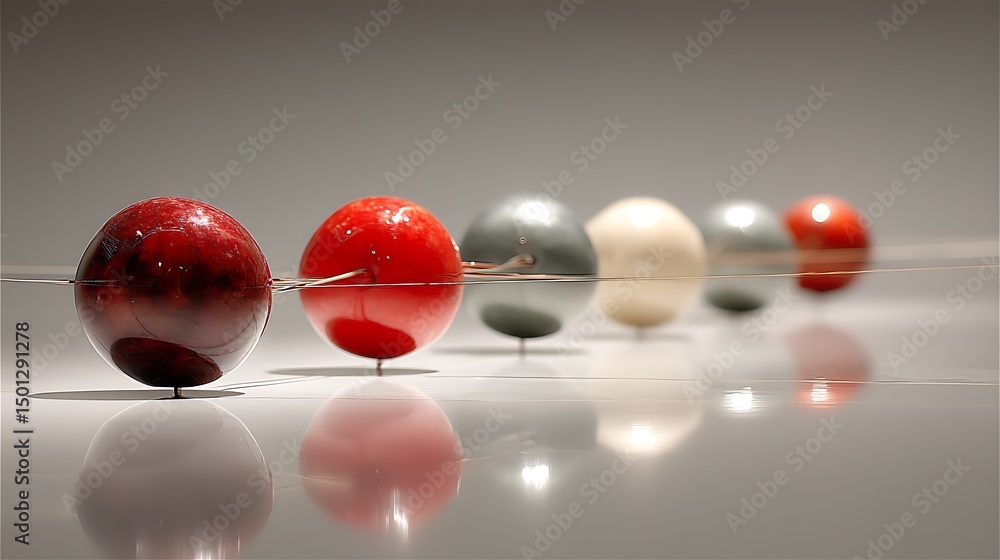 Aufkleber abstract spheres on a line: modern art arrangement with reflected surfaces and smooth textures for c