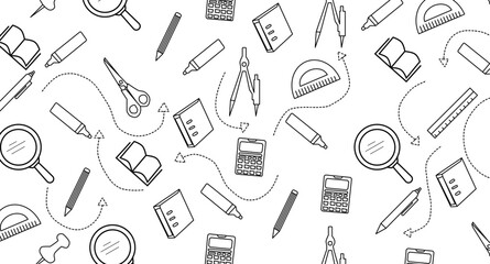 hand drawn stationery design for back to school concept on seamless pattern banner background.hand drawn School Supplies element set