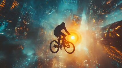 Cityscape cycling adventure silhouette urban bike rider through futuristic cityscape illustration art