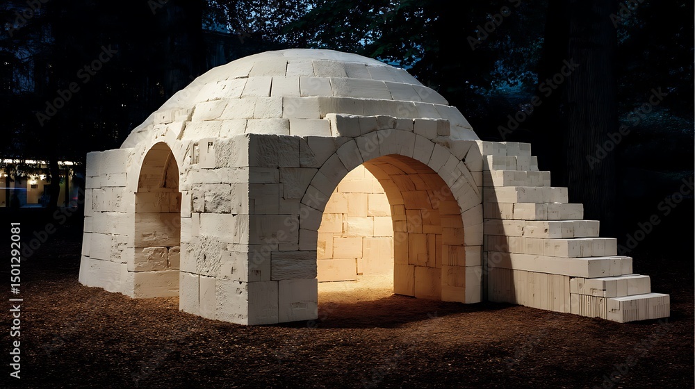 Poster abstract structure formed of white blocks with arches and steps in a woodland setting at night