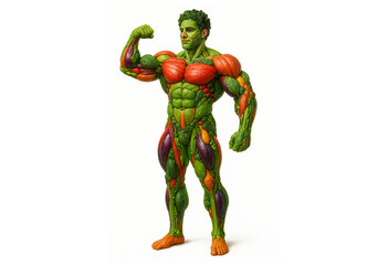 Hyper-realistic muscular male figure sculpted entirely from colorful vegetables, showcasing strength, health, and plant-based power on a clean, neutral background. Perfect for vegan and wellness them