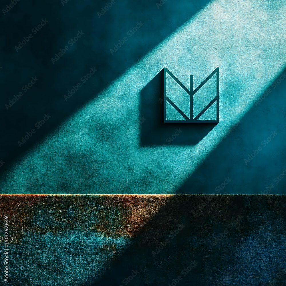 Poster abstract symbol illuminated on textured wall, minimalist design with artistic lighting and deep colo