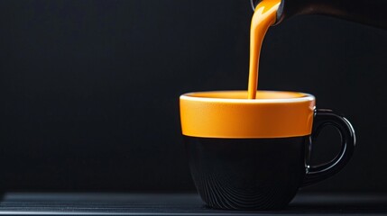 Close up of orange liquid pouring into a black and orange cup against a dark background.  Concept of refreshment, beverage, drink, cafe, coffee, tea