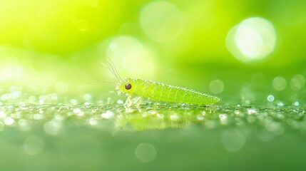 Close up of a vibrant green insect on a dewy leaf, bathed in sunlight.  Nature, macro photography, insect world.