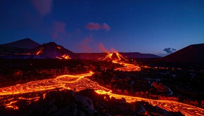 Fototapeta premium Erupting volcano spewing lava at night, with mountains in background
