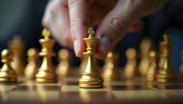A close-up of a person's hand placing a golden pawn on a chess board