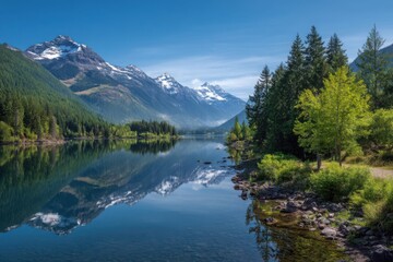 Obraz premium Mountain lake reflection scenic view on white background on transparent background